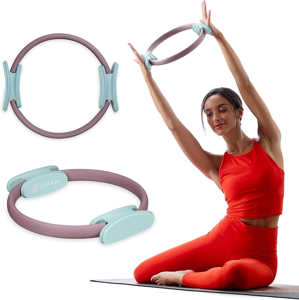 Gaiam Pilates Ring 12" Fitness Circle - Lightweight & Durable Foam Padded Handles | Flexible Resistance Exercise Equipment for Toning Arms, Thighs/Legs & Core, Dusty Pink/Seafoam
