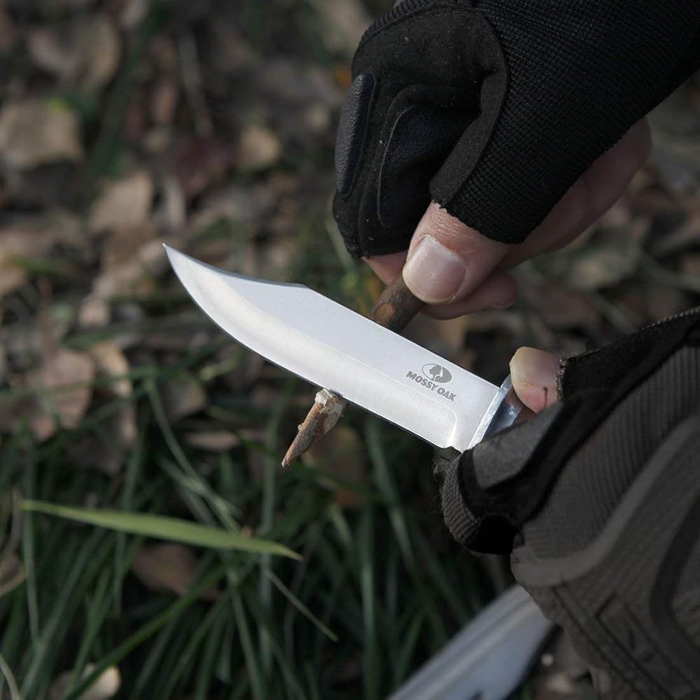 MOSSY OAK 2-piece Bowie Knife, Fixed Blade Hunting Knife with Leather Handle, Sheath Included