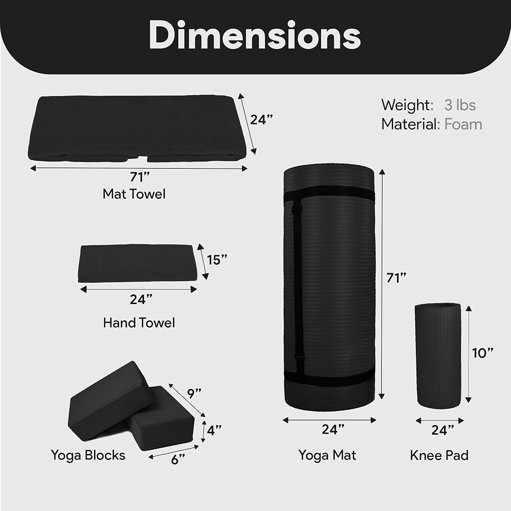 BalanceFrom 7-Piece Yoga Set with 71x24x0.5 Inches Extra Thick Mat and Carrying Sling – Includes 2 Blocks, Stretch Strap, 2 Towels, and Knee Pad for Home, Studio, and Gym Workouts