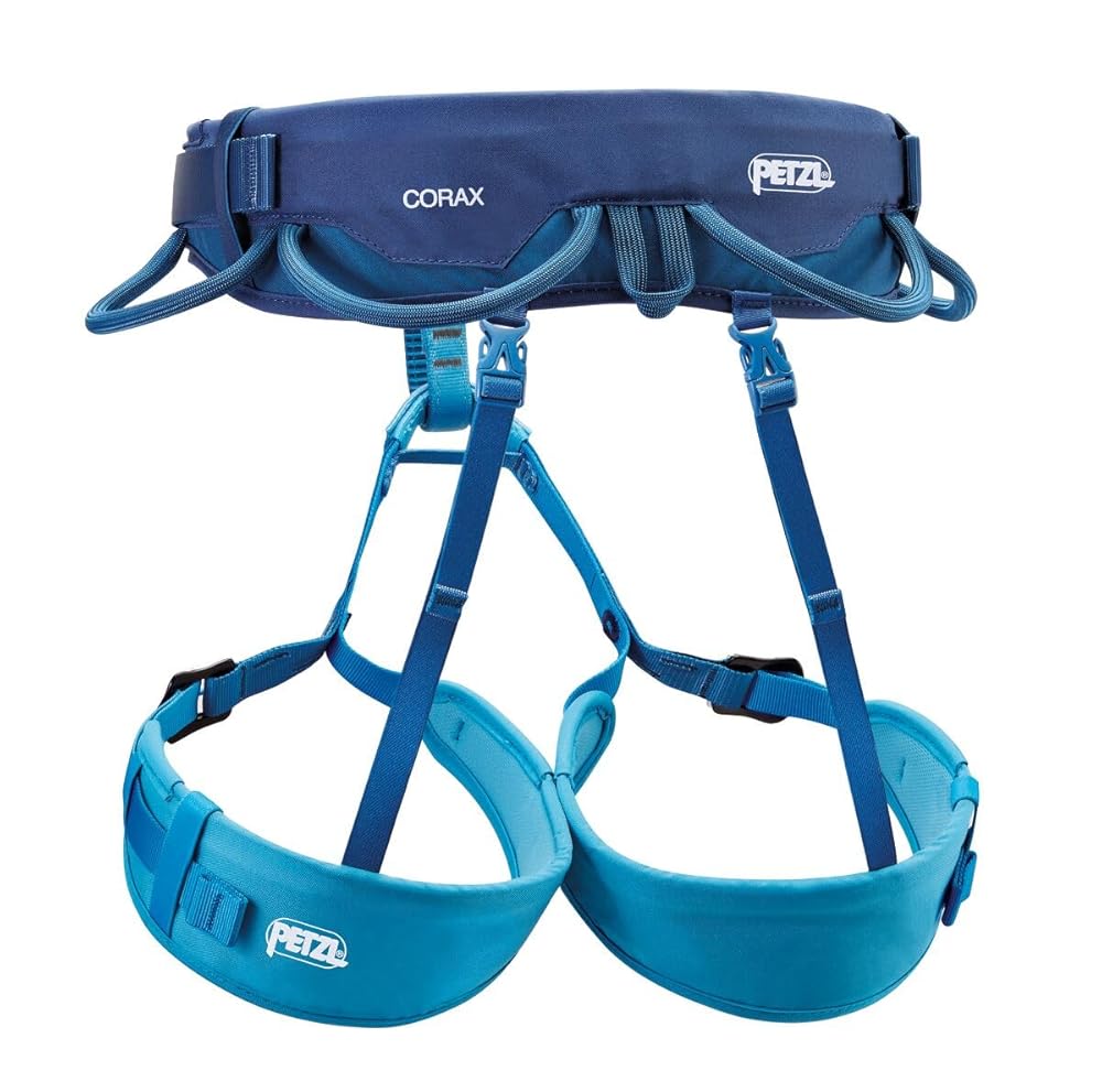 PETZL CORAX Comfortable and fully adjustable harness for gym and outdoor climbing, dual buckle waist, 2, navy blue