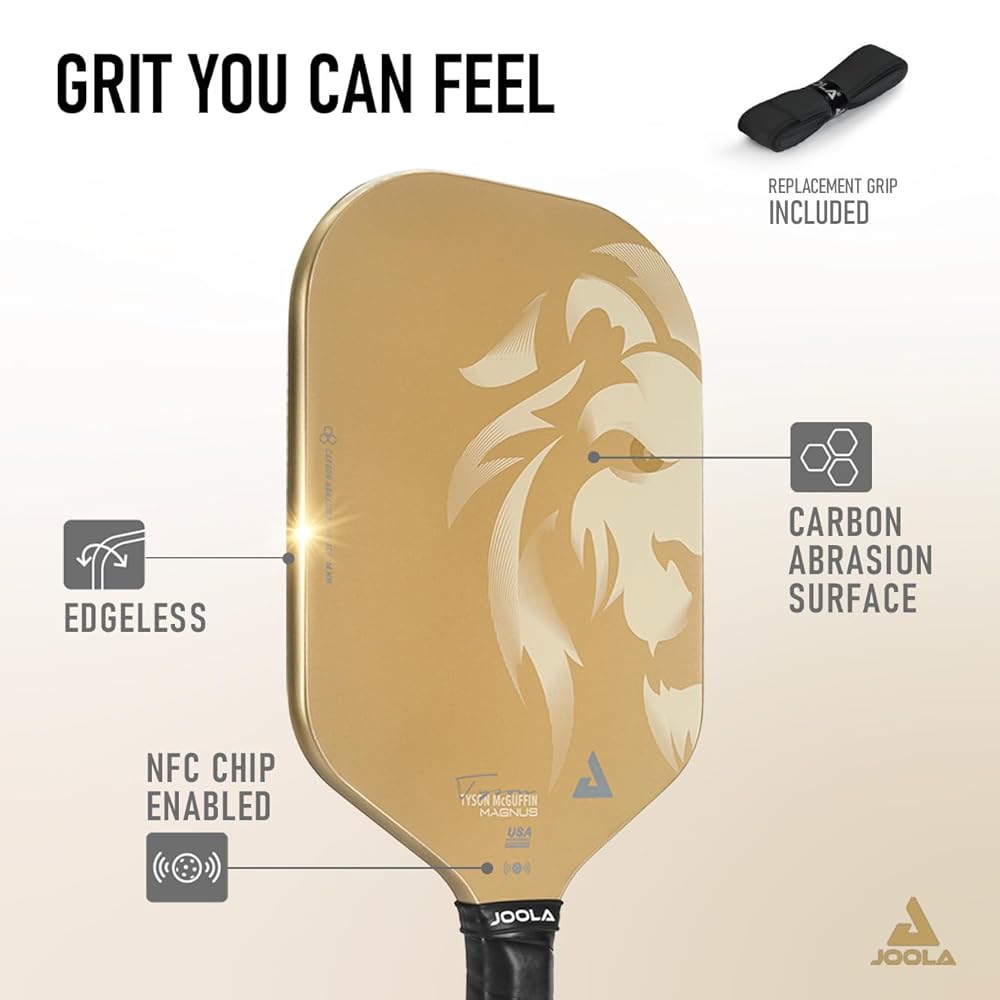 JOOLA Magnus CAS 14mm Pickleball Paddle - Gold Tyson McGuffin Lion Paddle - Edgeless Design & Short Handle - Lightweight Double Frame Carbon Fiber Core - Extra Long Length - Carbon Surface Adds Spin