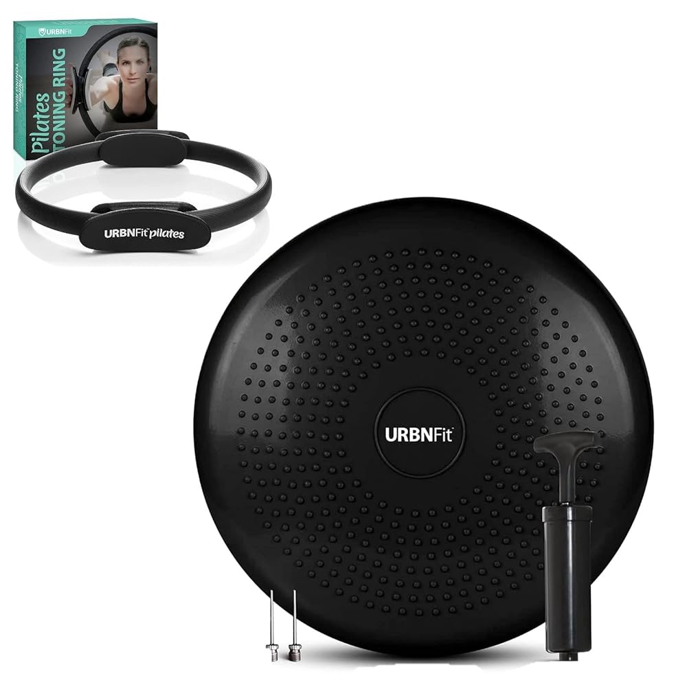 URBNFit Pilates Rings + Wobble Cushion Balance Disc Bundle - Stability Trainer to Help Improve Sitting Posture & Back Pain Relief, Wiggle Seat for Office Chair or Kids Classroom, (Pump Included)