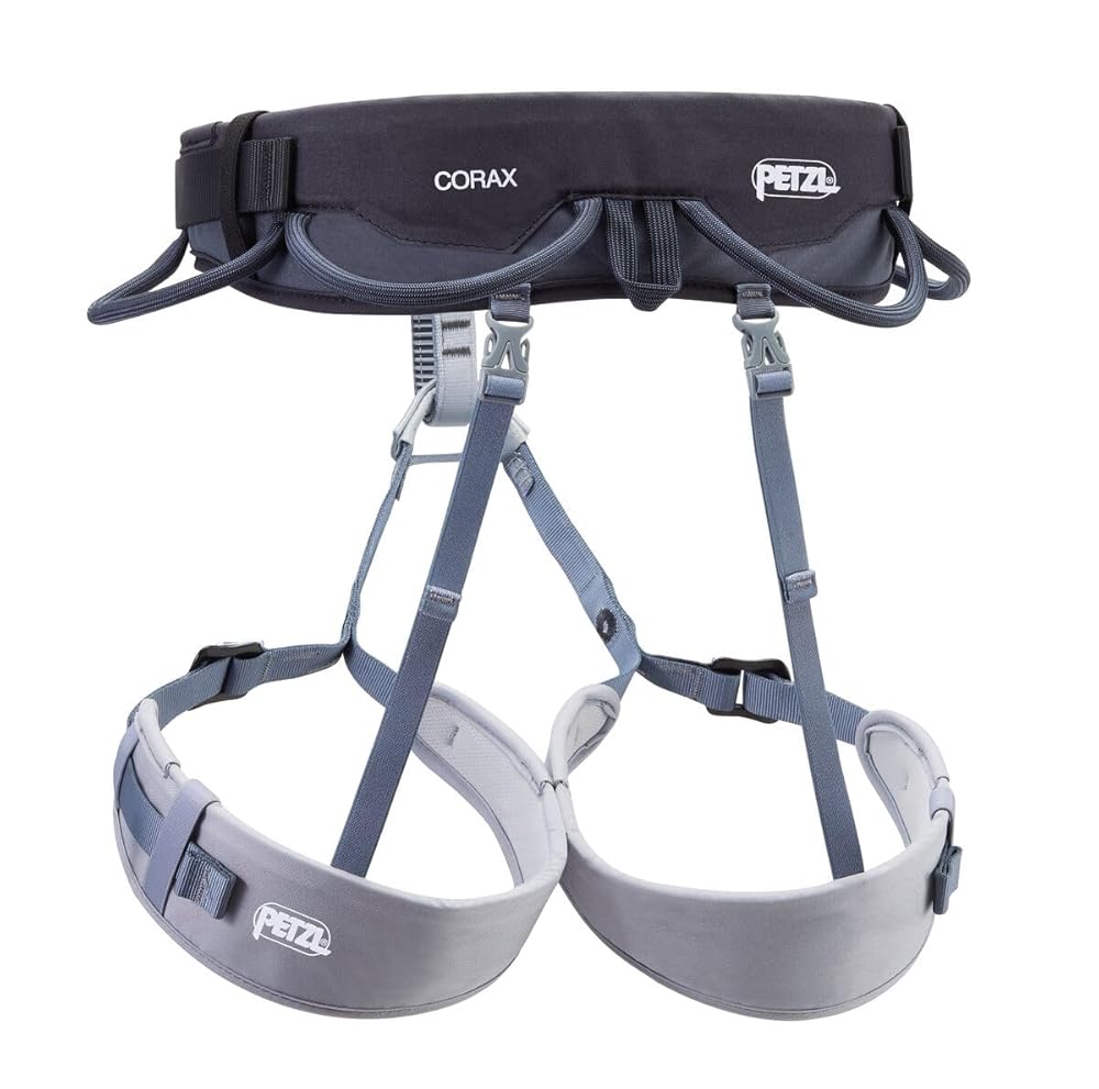 PETZL CORAX Comfortable and fully adjustable harness for gym and outdoor climbing, dual buckle waist, 2, dark gray
