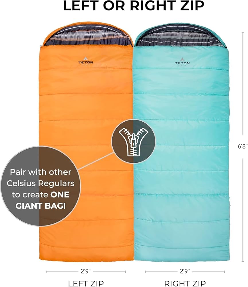 Teton Celsius Regular, 0 Degree Sleeping Bag, All Weather Bag for Adults and Kids Camping Made Easy and Warm Compression Sack Included
