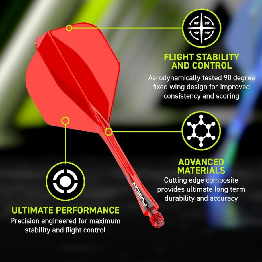 Winmau Darts Fusion Integrated Flight & Shaft System - No.2 Shape & Design - Red Colour, Short Length
