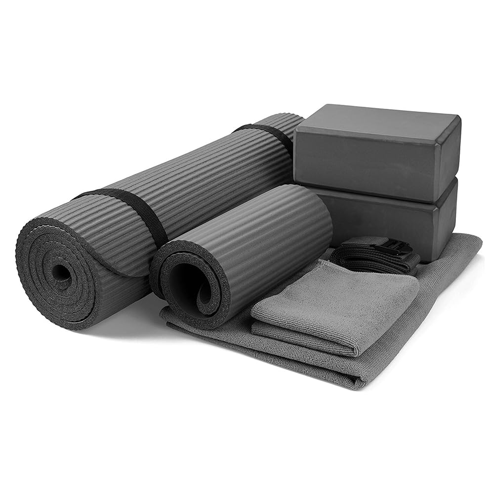 BalanceFrom 7-Piece Yoga Set with 71x24x0.5 Inches Extra Thick Mat and Carrying Sling – Includes 2 Blocks, Stretch Strap, 2 Towels, and Knee Pad for Home, Studio, and Gym Workouts