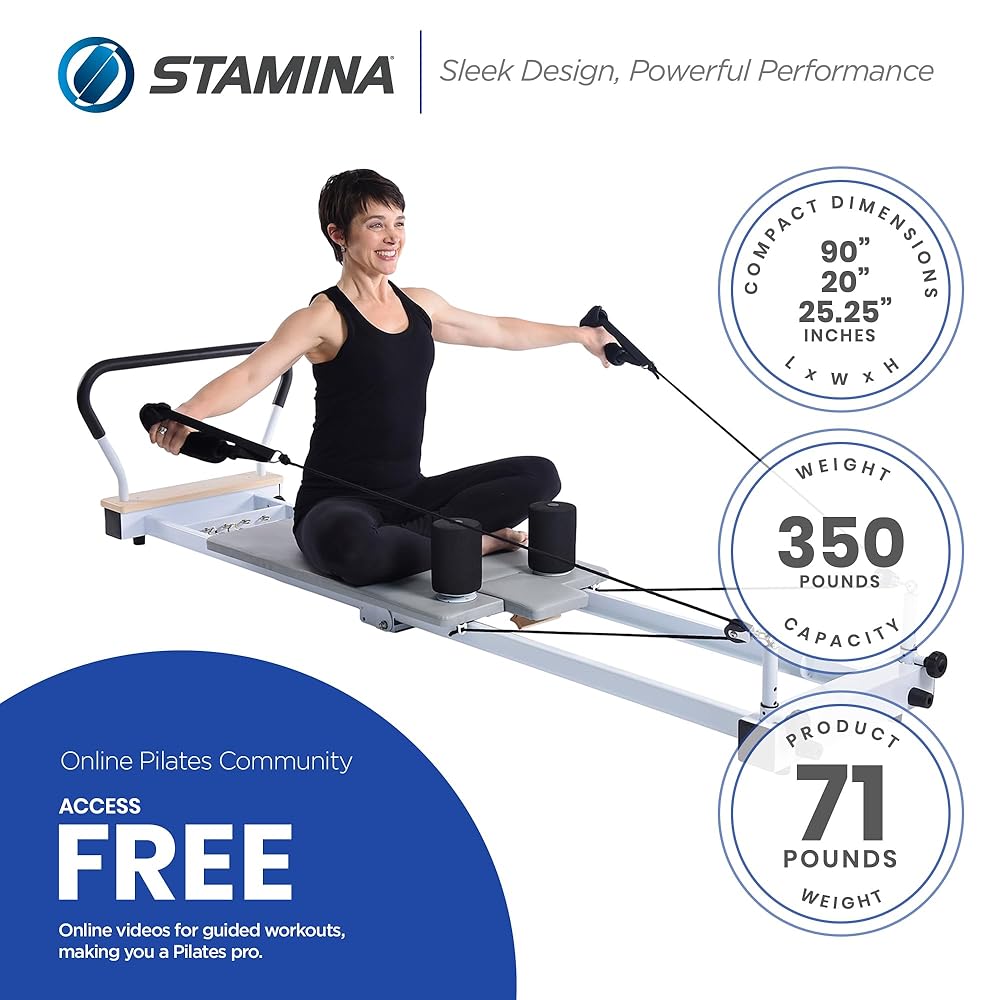 Stamina AeroPilates Precision Series Cushioned Cardio Reformer Resistance Band Foldable Wheeled Pilates Workout Board for Home Gym w/ 2 Videos, White
