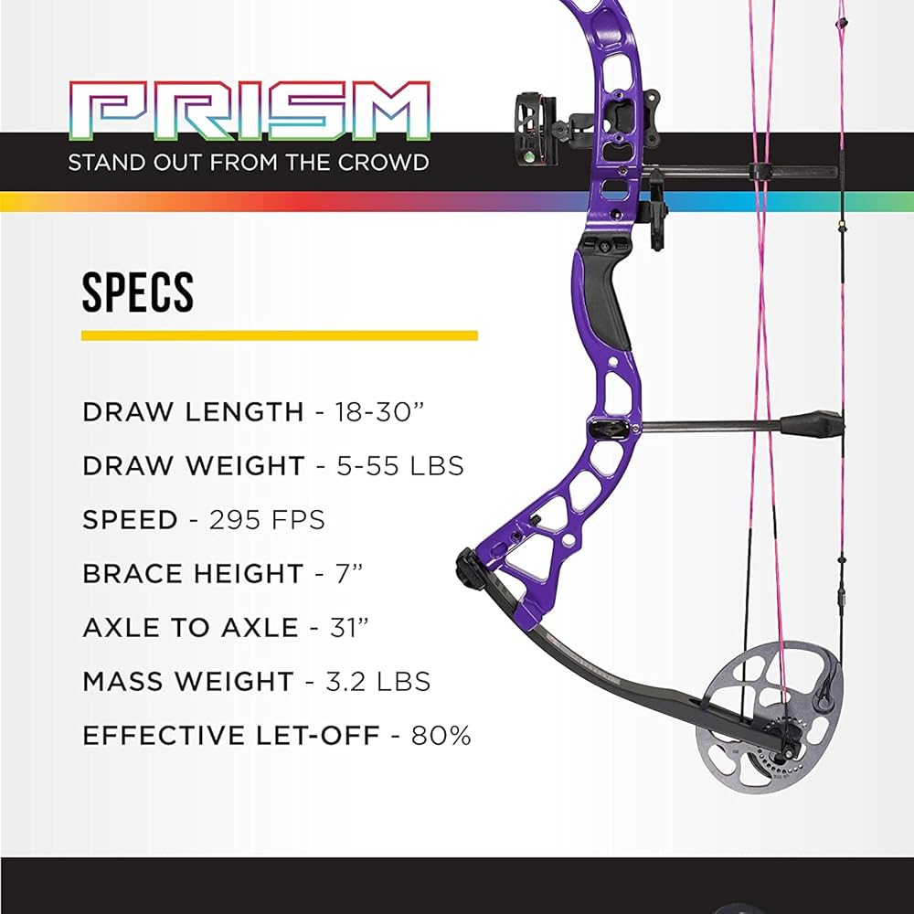 DIAMOND ARCHERY Prism Fully Equipped Adjustable Durable Compound Bow, 5-55 lbs, Purple, Left Hand