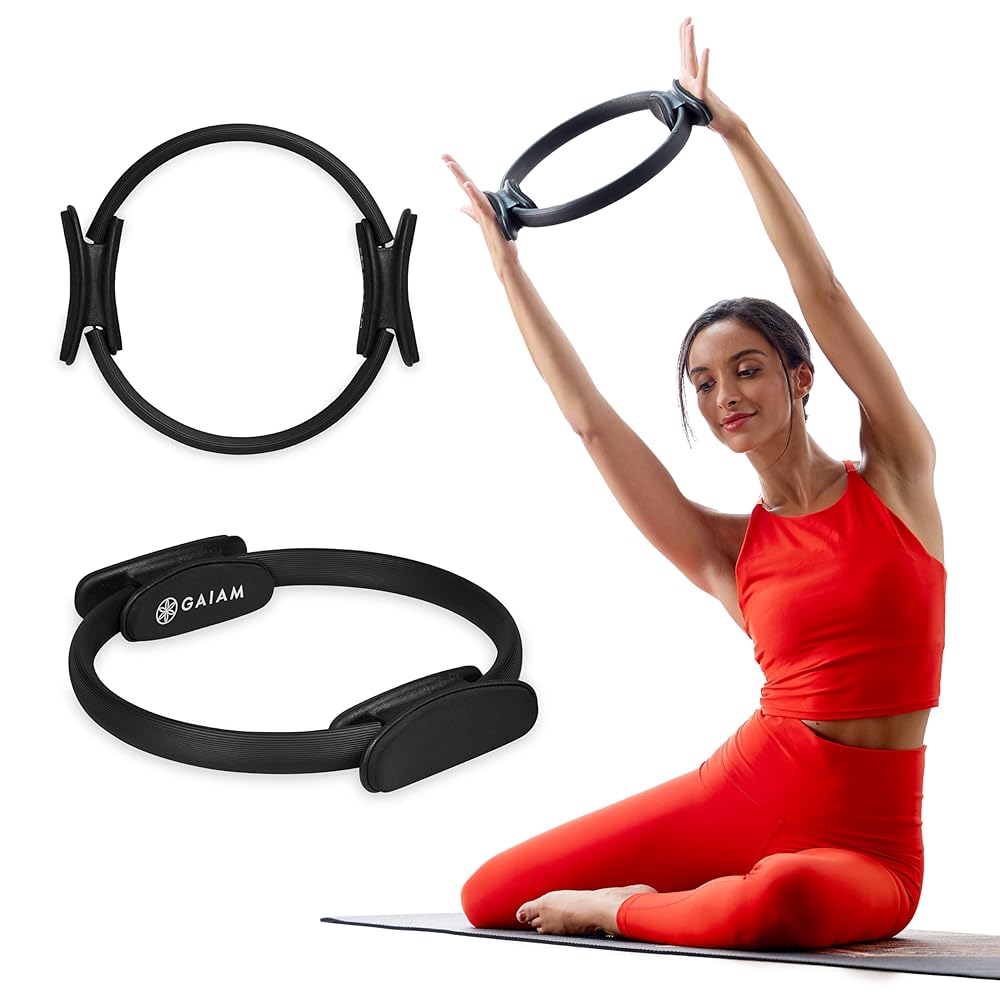 Gaiam Pilates Ring 12" Fitness Circle - Lightweight & Durable Foam Padded Handles | Flexible Resistance Exercise Equipment for Toning Arms, Thighs/Legs & Core, Black