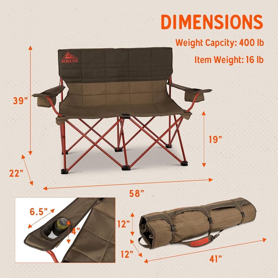 Kelty Loveseat Oversized 2-Person Heavy Duty Folding Camp Chair, Double Seat for Soccer Games, Tailgating, Beach Days (Regular Height/Bungee)