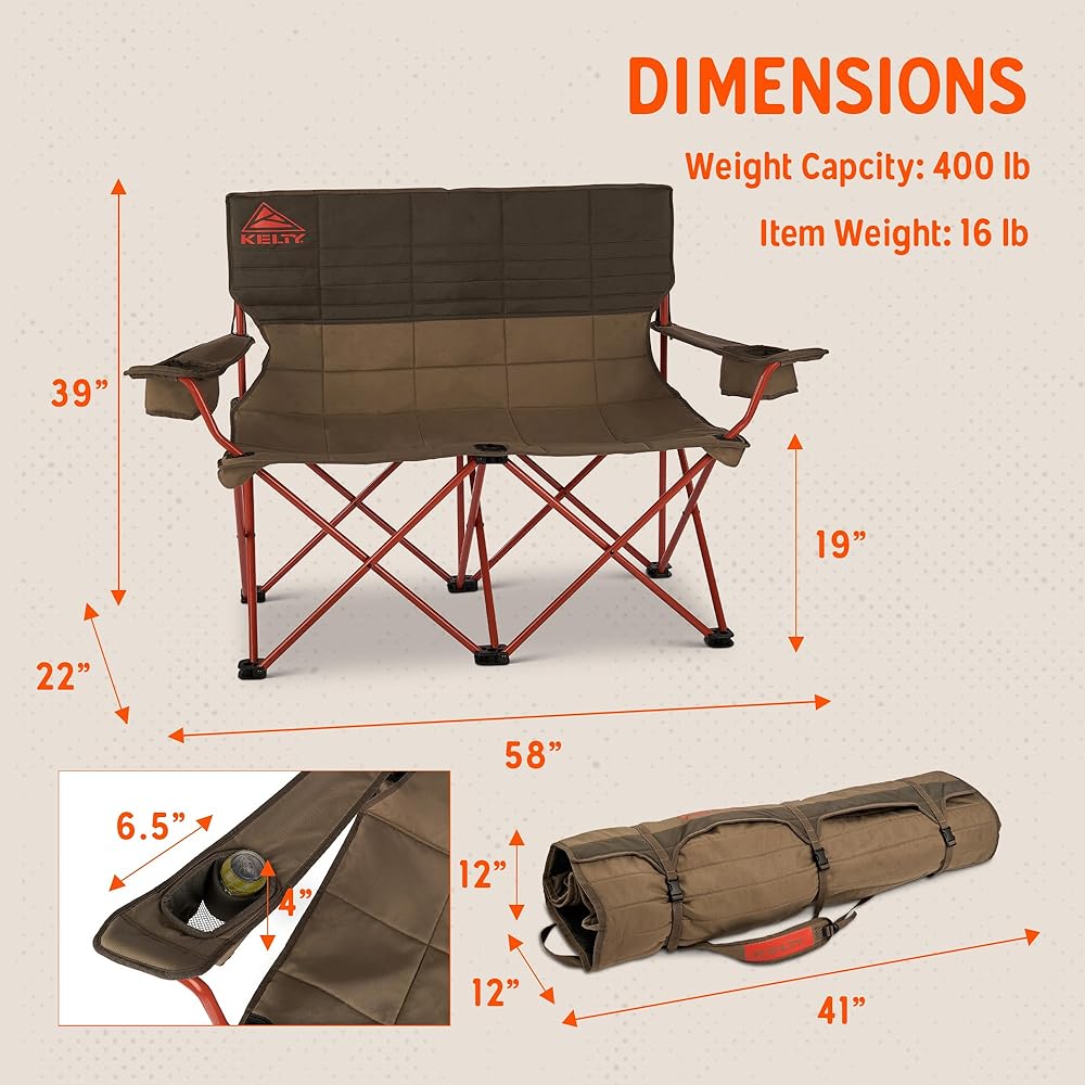 Kelty Loveseat Oversized 2-Person Heavy Duty Folding Camp Chair, Double Seat for Soccer Games, Tailgating, Beach Days (Regular Height/Bungee)