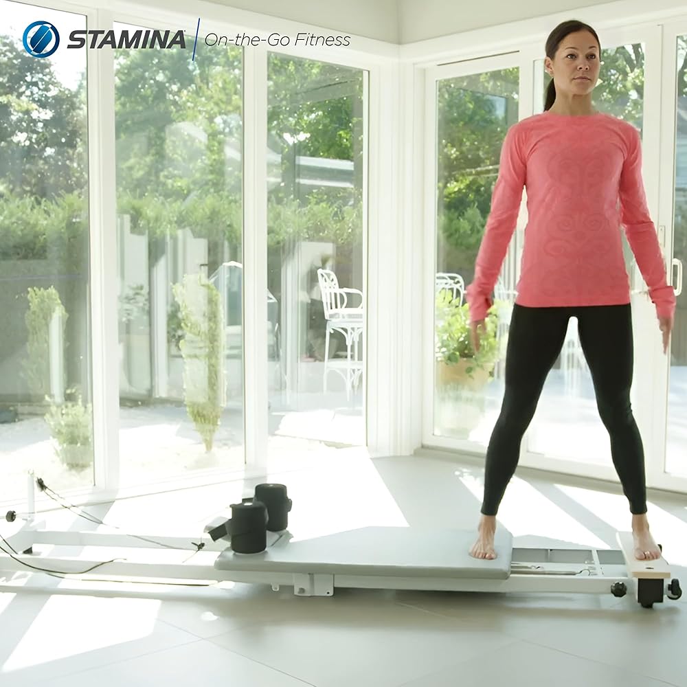 Stamina AeroPilates Precision Series Cushioned Cardio Reformer Resistance Band Foldable Wheeled Pilates Workout Board for Home Gym w/ 2 Videos, White