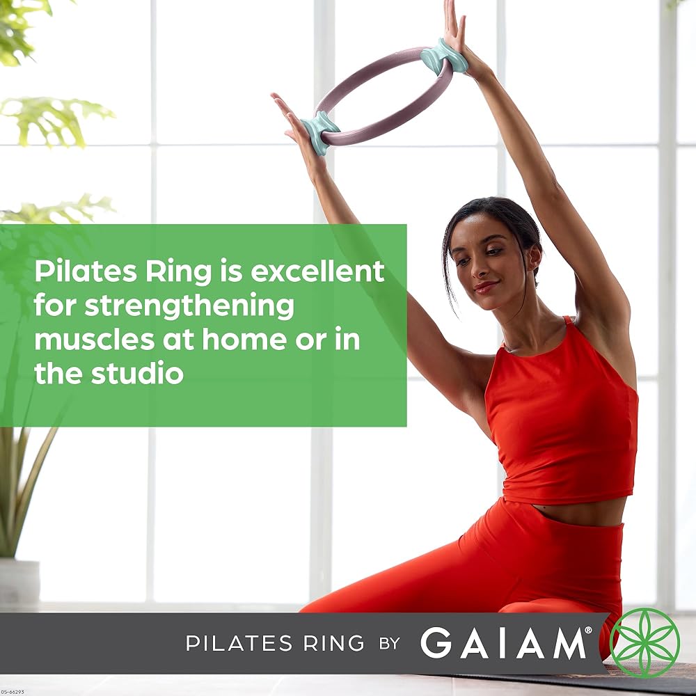 Gaiam Pilates Ring 15" Fitness Circle - Lightweight & Durable Foam Padded Handles | Flexible Resistance Exercise Equipment for Toning Arms, Thighs/Legs & Core, Dusty Pink/Seafoam