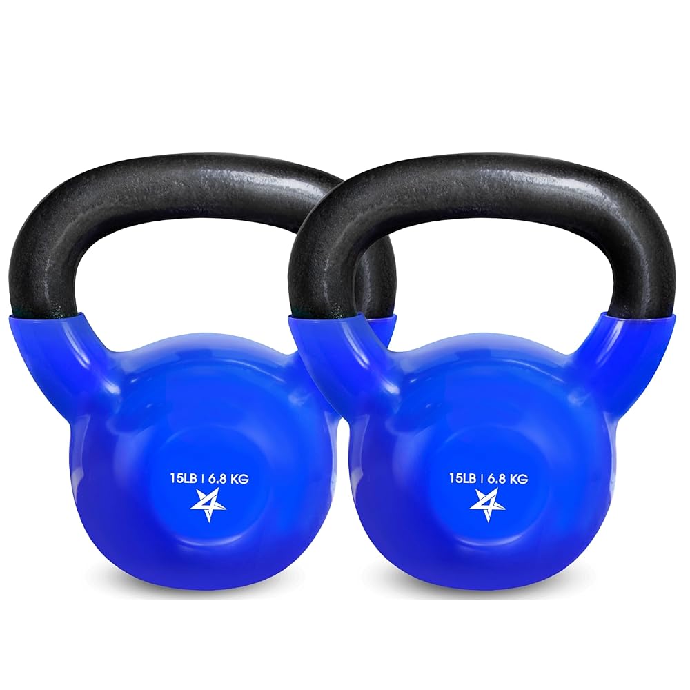 Yes4All Kettlebell, 15 lb Vinyl Coated Cast Iron Kettlebell Set of 2 for Home Gym Exercises, Heavy Weights Gym, Fitness, Full Body Workout Equipment, Push up, Grip, Strength Training - Blue