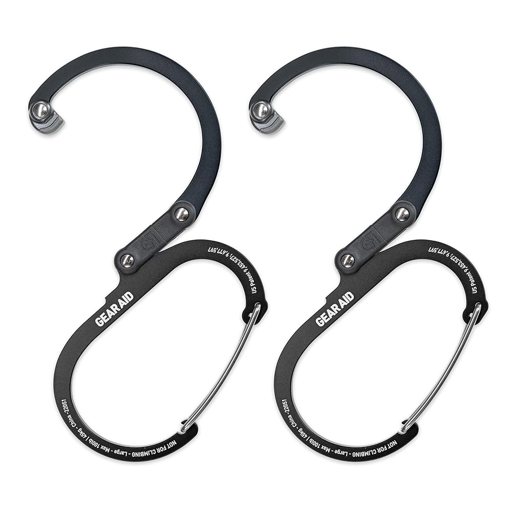 GEAR AID HEROCLIP Carabiner Gear Clip and Hook (Medium) for Camping, Backpack, and Garage Organization, Stealth Black, 2 Pack