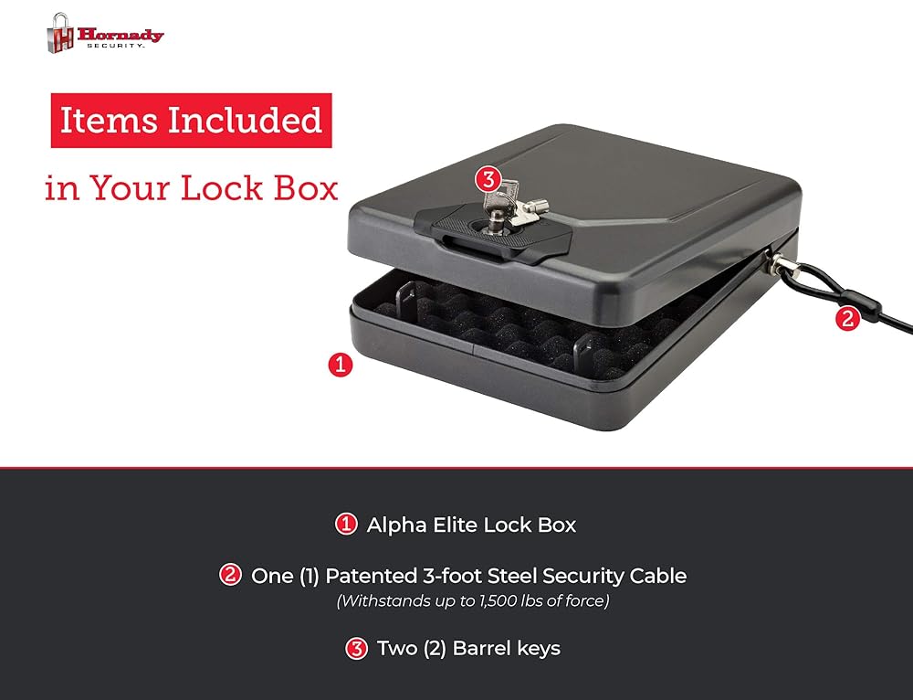 Hornady Alpha Elite Portable Lock Box for Guns and Valuables – Includes 2 Keys and 4 Foot Steel Cable – Thick 16-Gauge Steel, an Ideal Car Lock Box or Truck Safe – Black, 10.25 x 8 x 2.75 Inches