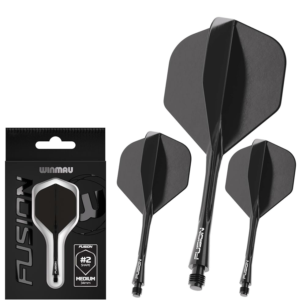 Winmau Darts Fusion Integrated Flight & Shaft System - No.2 Shape & Design - Black Colour, Medium Length