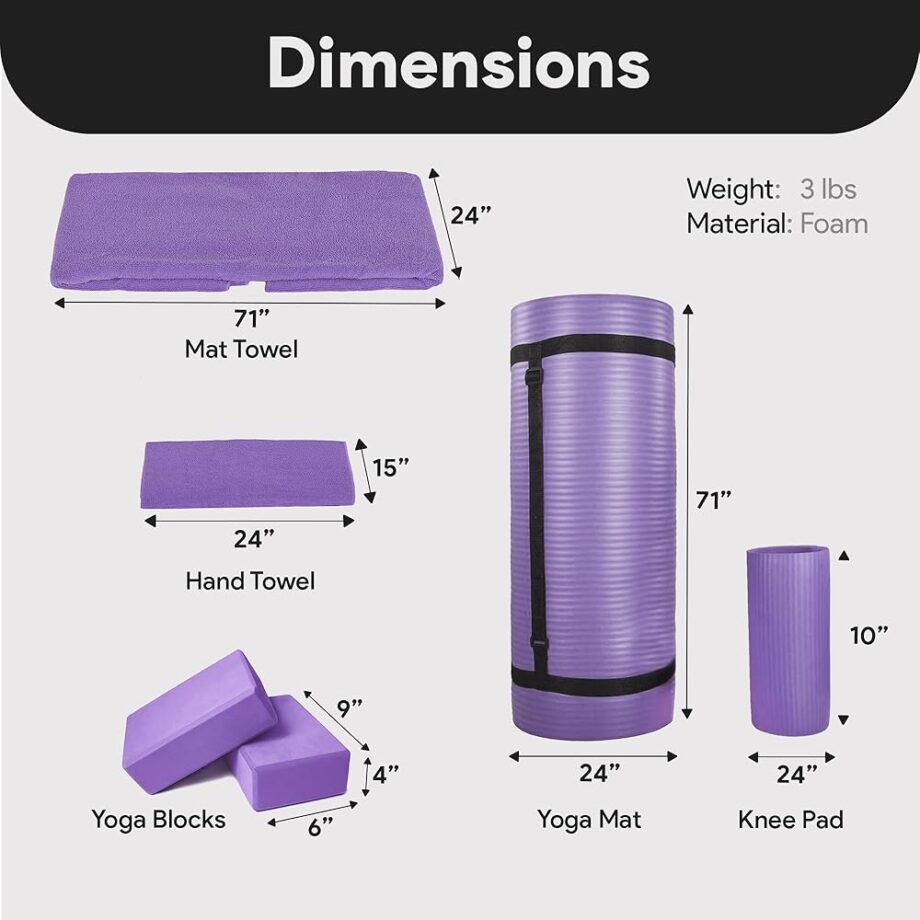 BalanceFrom GoYoga 7-Piece Set - Include Yoga Mat with Carrying Strap, 2 Yoga Blocks, Hand Towel and Knee Pad (Purple, 1/2"-Thick Mat)