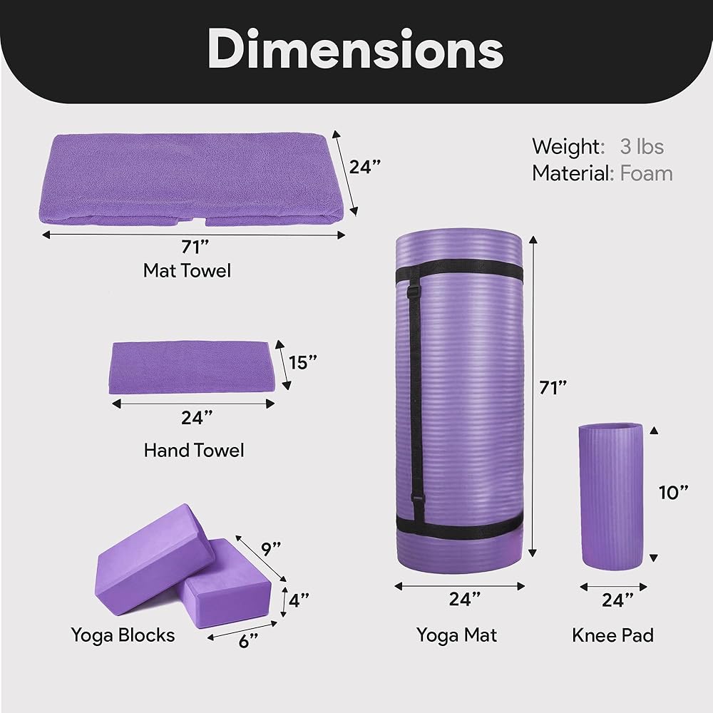 BalanceFrom GoYoga 7-Piece Set - Include Yoga Mat with Carrying Strap, 2 Yoga Blocks, Hand Towel and Knee Pad (Purple, 1/2"-Thick Mat)