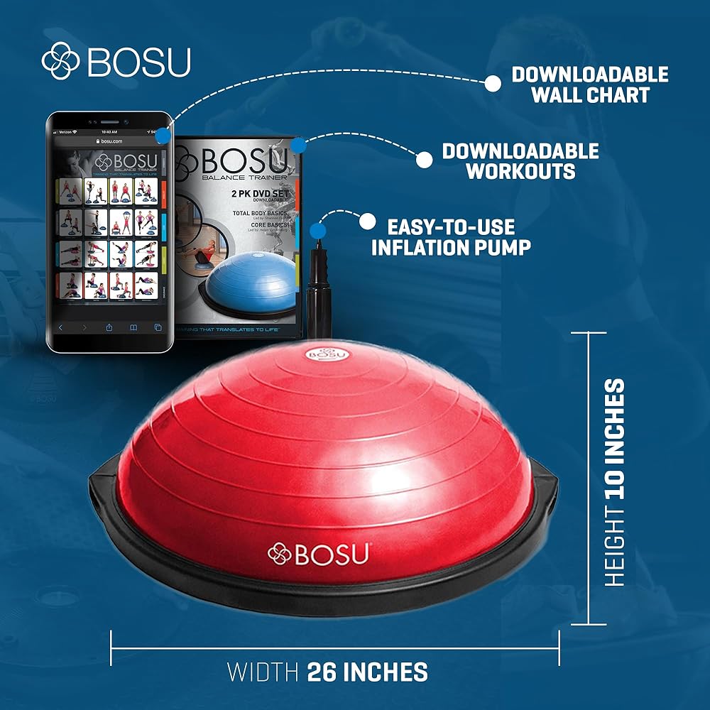 Bosu 72 10850 Home Gym Equipment The Original Balance Trainer for Physical Exercise, Rehab, Large Balance Ball 65 Centimeter Diameter, Red and Black