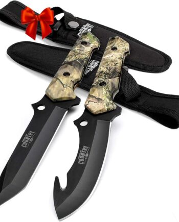 Mossy Oak Fixed Blade Hunting Knife Set - 2 Piece, Full Tang Handle Straight Edge and Gut Hook Blades Game Processing Knife, Sheath Included - Yellow Camo