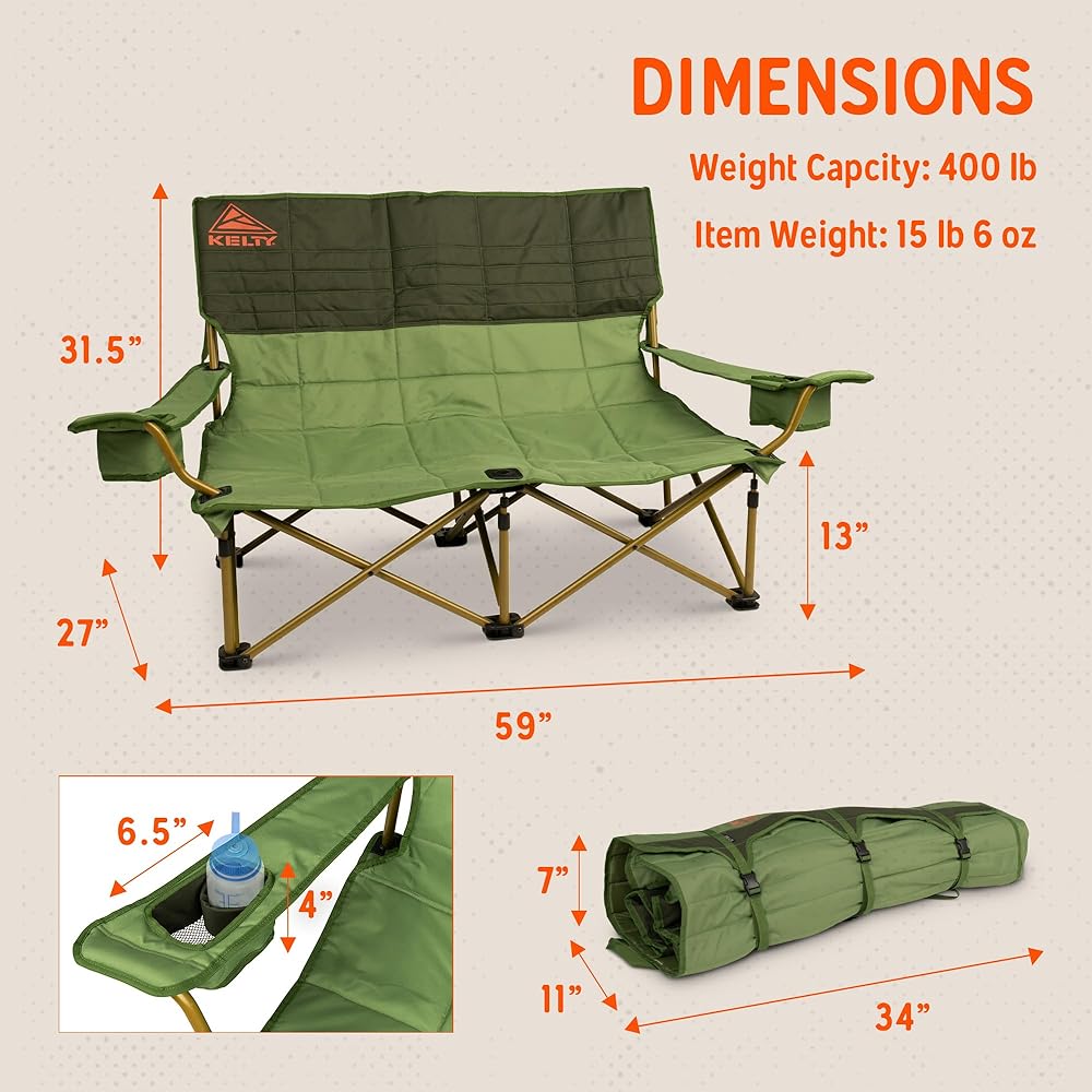 Kelty Low Loveseat Oversized 2-Person Heavy Duty Folding Camp Chair, Double Seat for Soccer Games, Tailgating, Beach Days (Low Height/Dill)