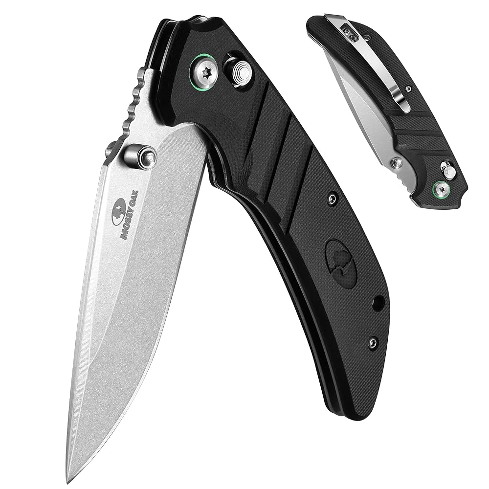Mossy Oak Folding Pocket Knife, 4" Stonewash Stainless Steel Blade EDC Knife, G10 Handle with Axis Lock & Pocket Clip, Small Tactical Survival Knife for Hiking, Hunting, Outdoor Gifts for Men & Women