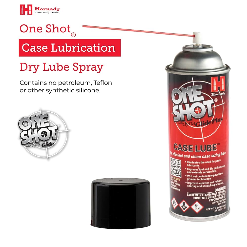 Hornady One Shot Case Lube, 10 oz / 14 fl oz – Aerosol Dry Lube, with DynaGlide Plus – Clean, Non-Sticky and Easy to Use – Contains No Petroleum, Won't Contaminate Powder or Primers