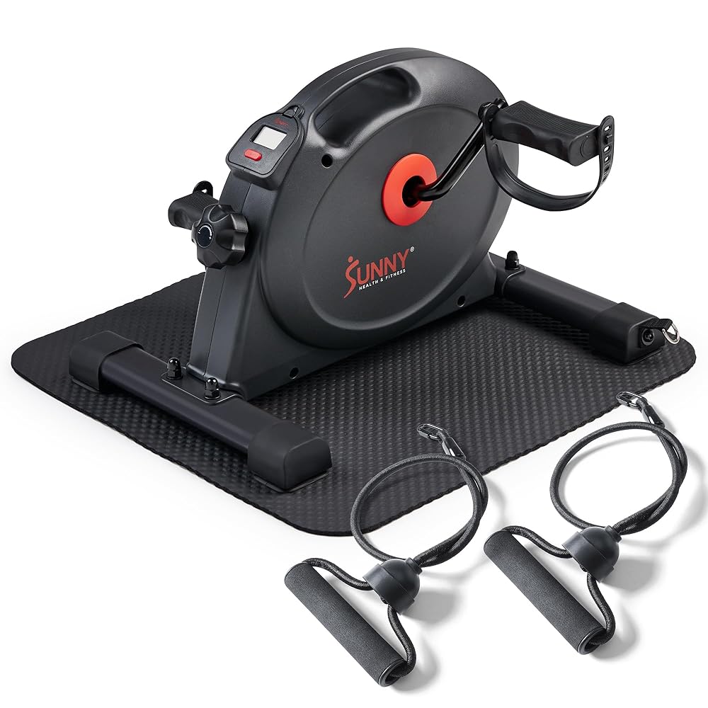 Sunny Health & Fitness Under Desk Smart Mini Pedal Exerciser, Exercise Cycle Bike and Mat/Workout Bands with Low Profile Design - SF-B0418SMART