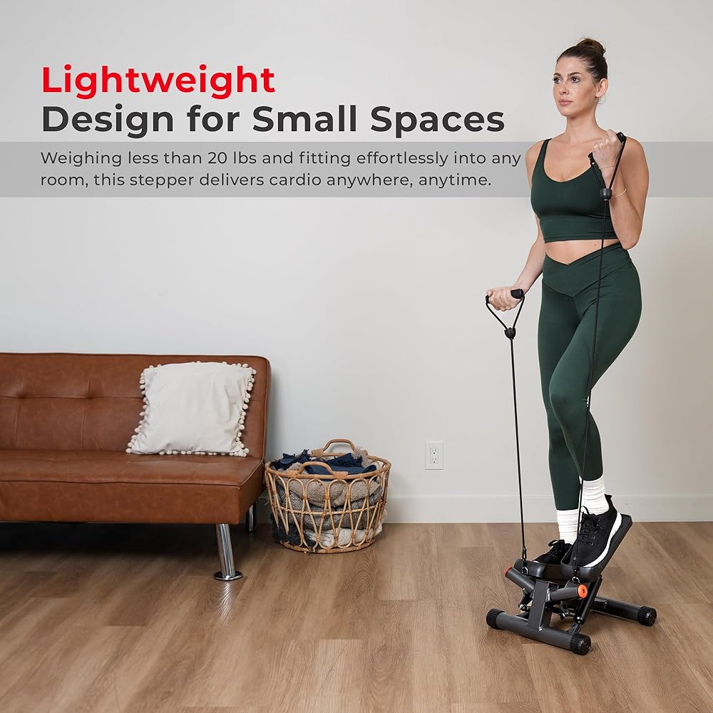 Sunny Health & Fitness Smart Twist Stepper with Resistance Bands, Bluetooth App Connectivity, Adjustable Step Height, 300 LB Capacity, Compact Mini Stair Step Machine