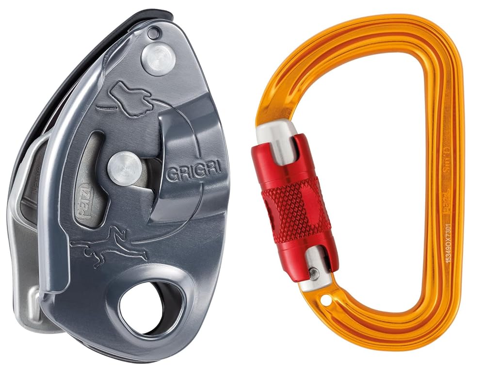 PETZL GRIGRI Belay Device with Sm'D Twist-Lock Carabiner - Belay Device with Cam-Assisted Blocking for Sport, Trad, & Top-Rope Climbing - Grey