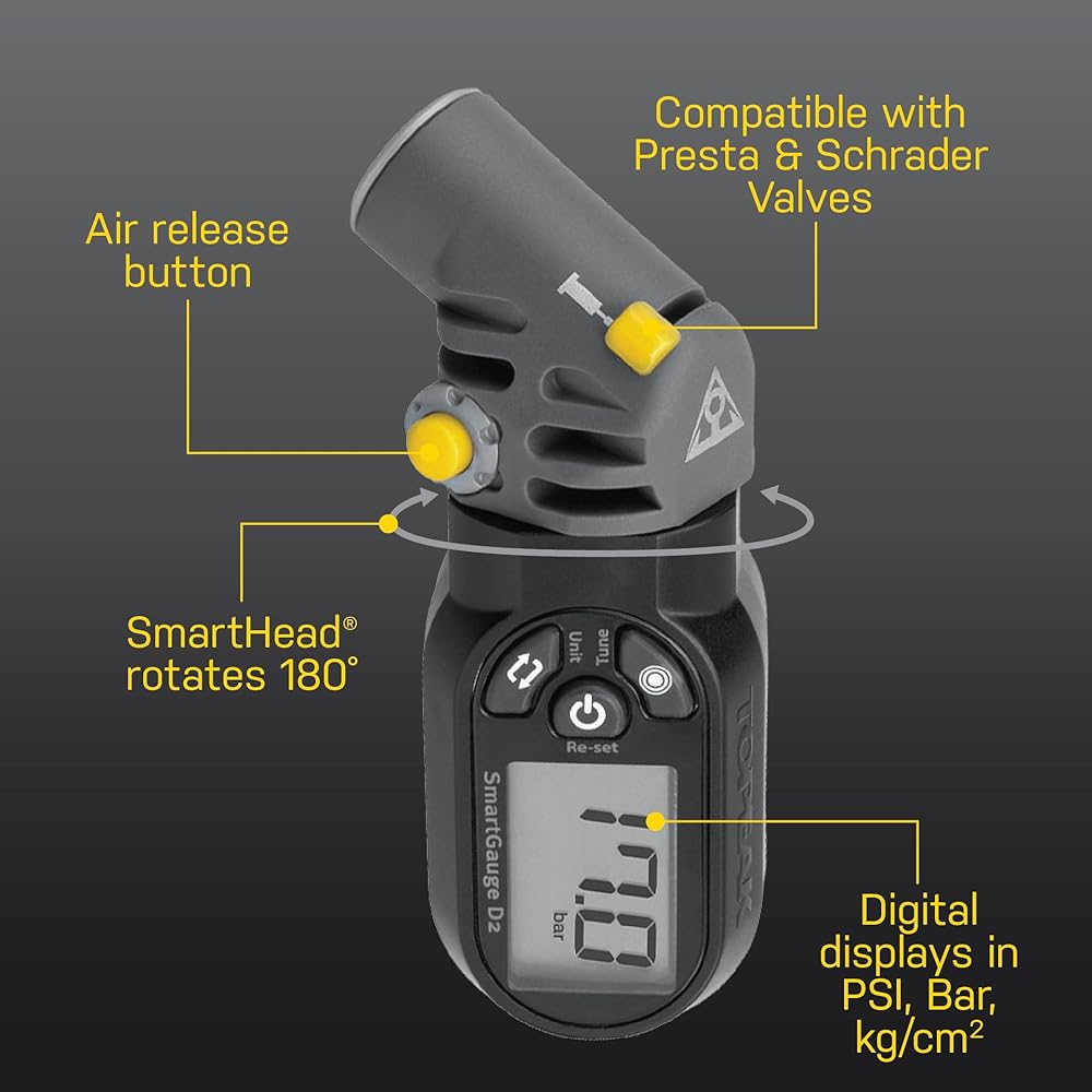 Topeak SmartGauge D2 Digital Tire Pressure Gauge – Presta/Schrader Compatible, 250 Psi/17 Bar, Precision Air Pressure Reader with LCD Display for Bikes, Motorcycles & Sports Equipment