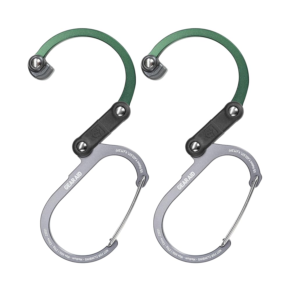 GEAR AID HEROCLIP Carabiner Gear Clip and Hook (Medium) for Camping, Backpack, and Garage Organization, Forest Green, 2 Pack