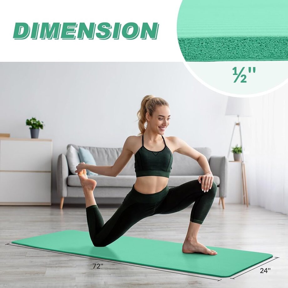Quality Exercise Yoga Mat, 1/2-Inch Thick High-Density Foam for Full-body workout, Anti-Tear and non-slip Surface, Includes Carry Strap for Home & Studio Workouts, Aqua