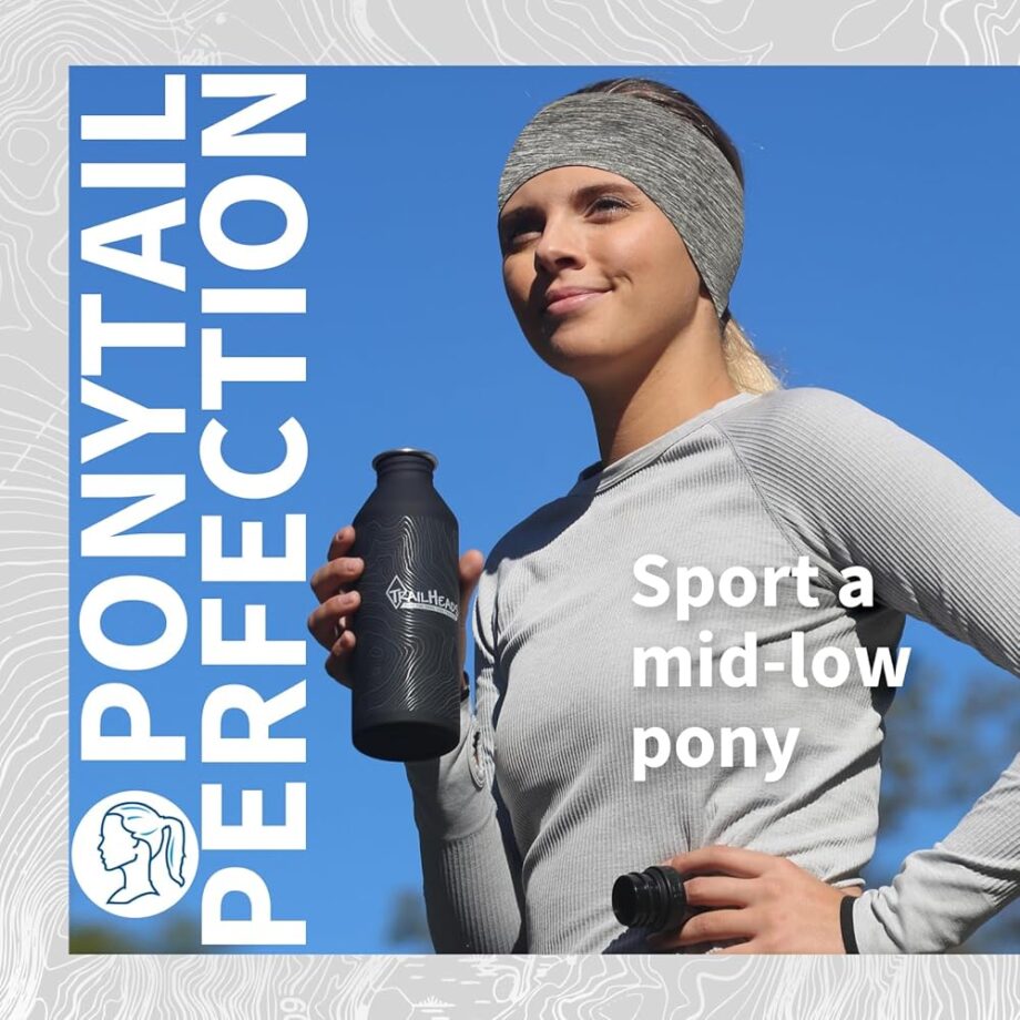 TrailHeads Womens Ponytail Headband - Moisture Wicking Hair Headband for Running, Winter, Workout - Athletic Headband Women - Heather Grey