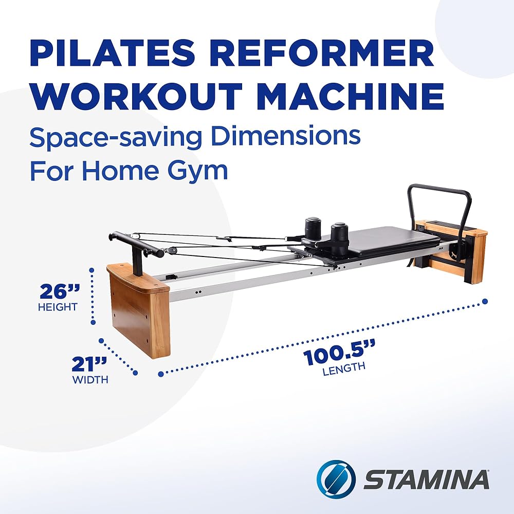 Stamina Products AeroPilates Board Pro XP557 Pilates Reformer with Oak Wood Base – Studio Grade for Home Use with Cardio Rebounder, Adjustable Foot Bar, 4 Resistance Springs, and Workout DVDs