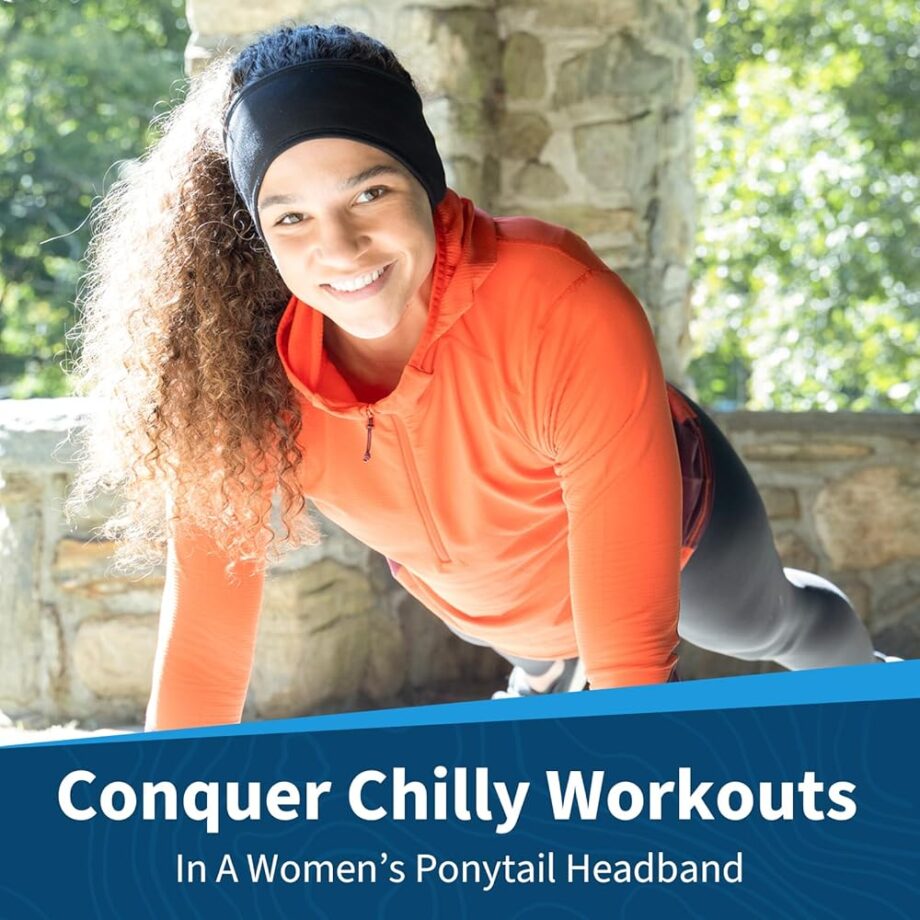 TrailHeads Womens Ponytail Headband - Moisture Wicking Hair Headband for Running, Winter, Workout - Athletic Headband Women - Black