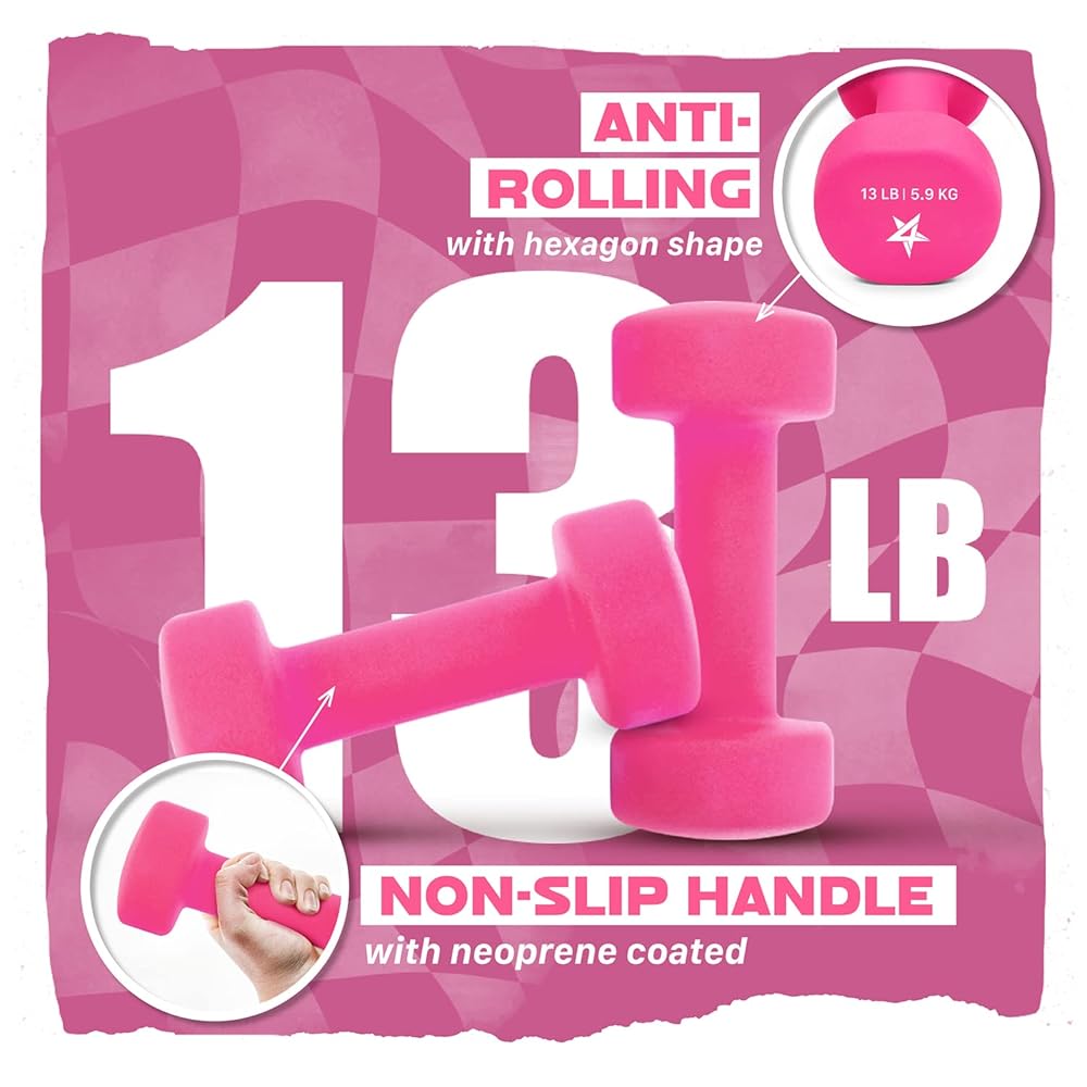 Yes4All Non-Slip, Hexagon Neoprene Dumbbells – 13lbs Neoprene Dumbbell Set for Muscle Toning, Strength Building, Weight Loss (Pink - Pair)