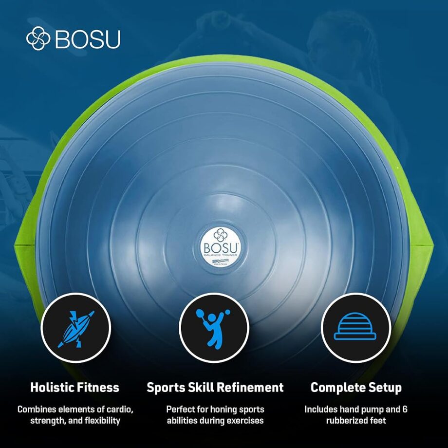 Bosu Home Gym Equipment the Original Balance Trainer Enhance Workout, Strength, Balance, and Flexibility with 26 Inches Diameter, Blue and Green