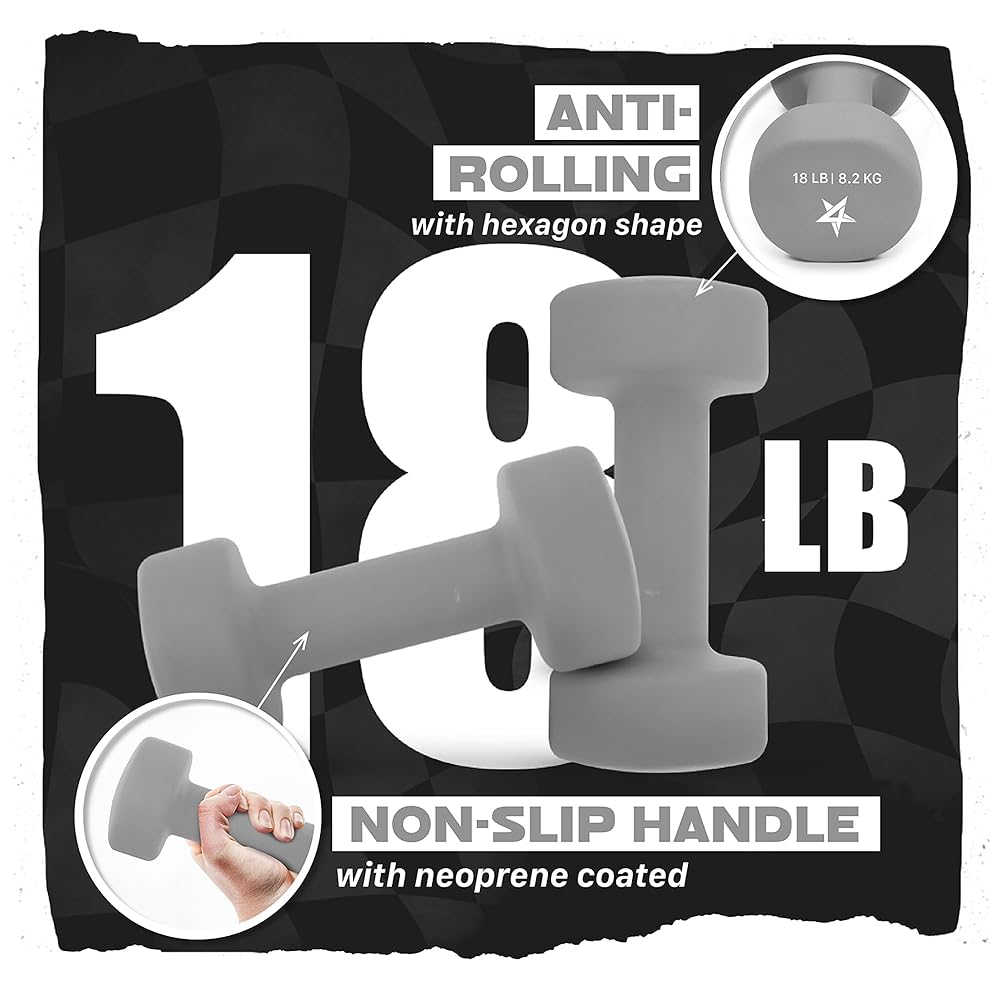 Yes4All Non-Slip Neoprene Coated Dumbbells Hand Weight Sets of 2–18 LB Neoprene Dumbbell Set for Muscle Toning, Strength Building for Women at Home (Gray - Pair)