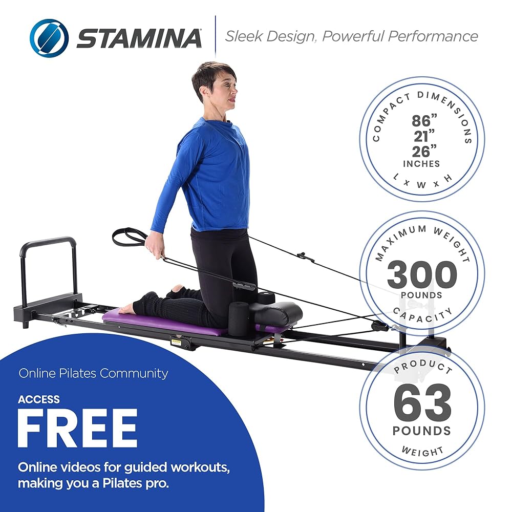 Stamina Products AeroPilates Reformer Plus 379, Pilates Home Gym Equipment with Cardio Rebounder, Padded Foot Bar, 4 Resistance Cords, and Workout DVDs