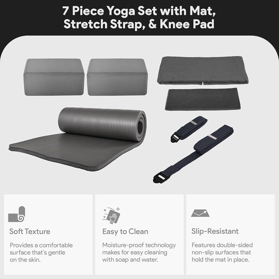BalanceFrom 7-Piece Yoga Set with 71x24x0.5 Inches Extra Thick Mat and Carrying Sling – Includes 2 Blocks, Stretch Strap, 2 Towels, and Knee Pad for Home, Studio, and Gym Workouts