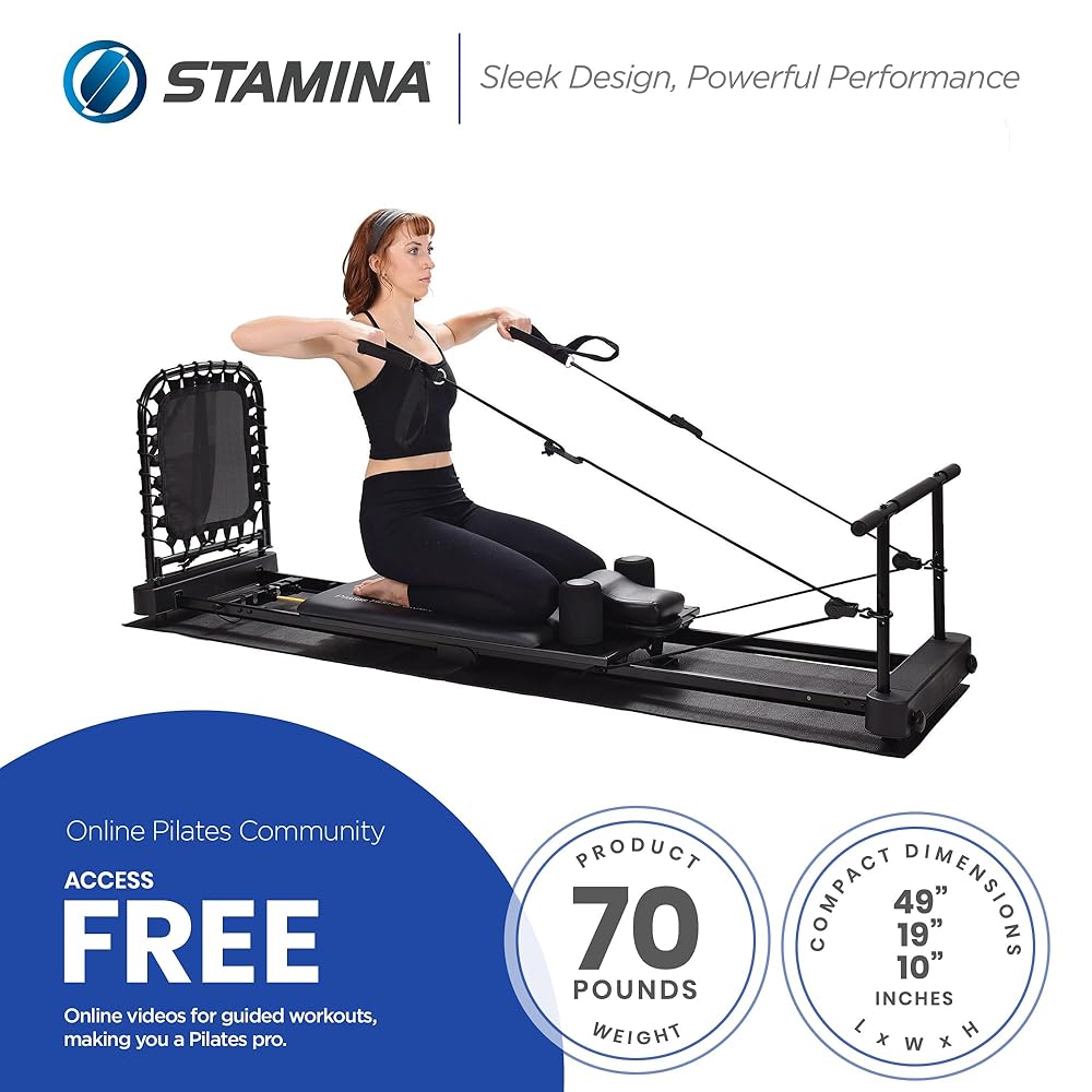 Stamina Products Pilates Home Studio Foldable Reformer, Complete Workout System for Fitness Enthusiasts, All in One Pilates Experience, Black
