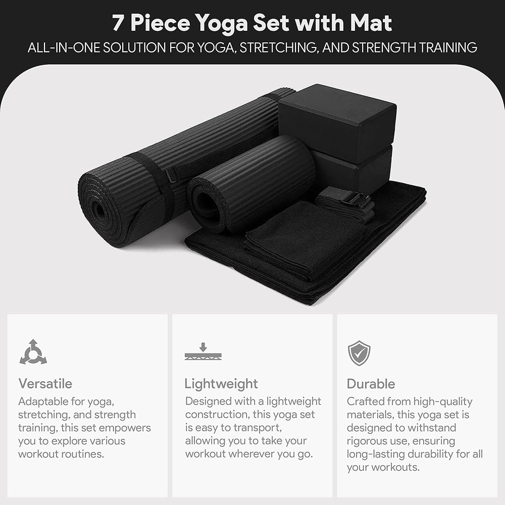 BalanceFrom 7-Piece Yoga Set with 71x24x0.5 Inches Extra Thick Mat and Carrying Sling – Includes 2 Blocks, Stretch Strap, 2 Towels, and Knee Pad for Home, Studio, and Gym Workouts