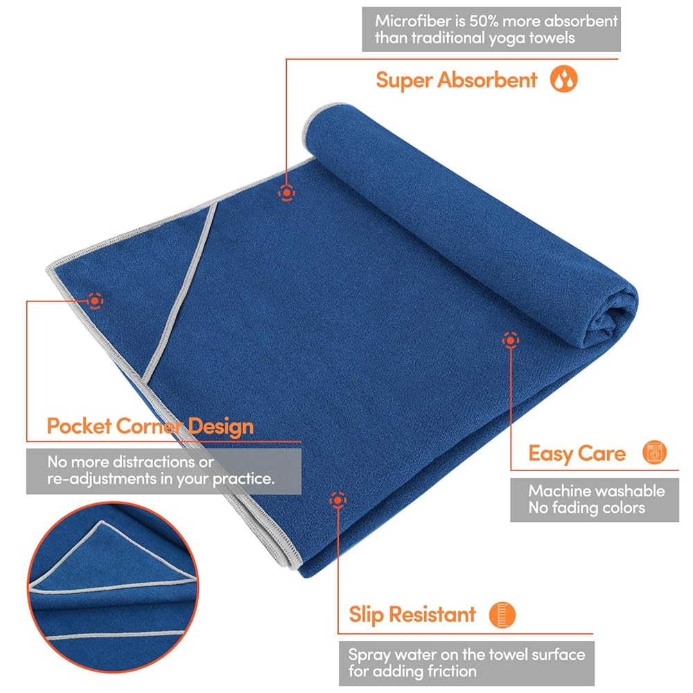 IUGA Non Slip Yoga Towel, Extra Thick Hot Yoga Towel + Hand Towel 2in1 Set with Corner Pockets Design, 100% Microfiber – Non Slip, Super Absorbent and Quick Dry
