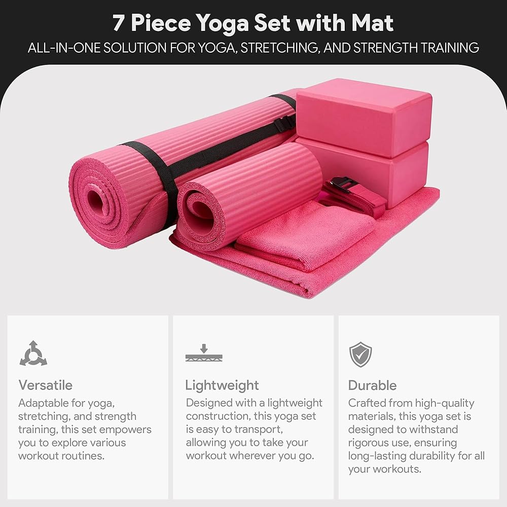 BalanceFrom 7-Piece Yoga Set with 71x24x0.5 Inches Extra Thick Mat and Carrying Sling – Includes 2 Blocks, Stretch Strap, 2 Towels, and Knee Pad for Home, Studio, and Gym Workouts