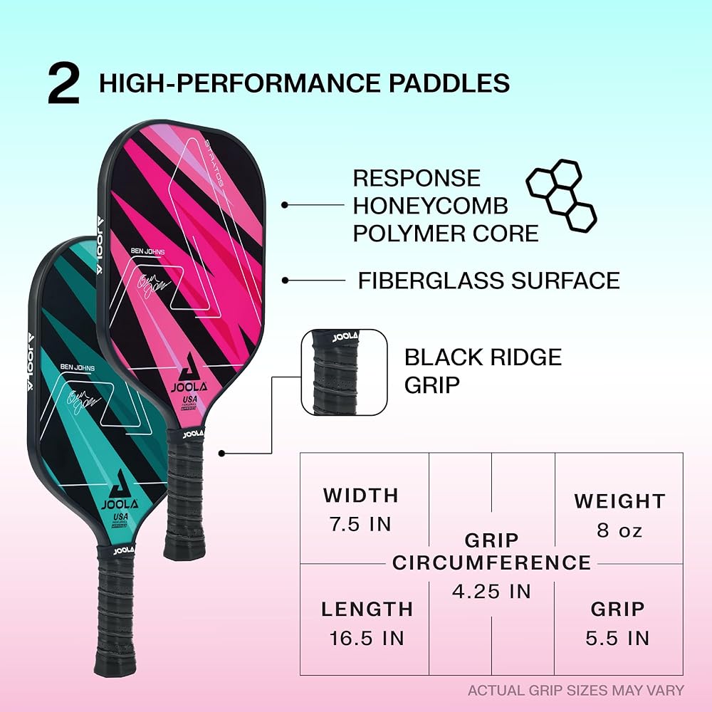 JOOLA Ben Johns Pickleball Set - Made with Reinforced Fiberglass and Honeycomb Polypropylene - Includes 2 Paddles, 4 Balls, and JOOLA Pickleball Bag