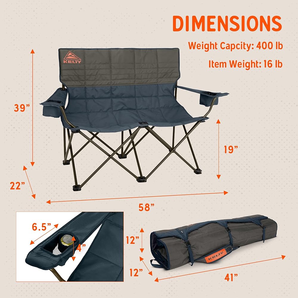 Kelty Loveseat Oversized 2-Person Heavy Duty Folding Camp Chair, Double Seat for Soccer Games, Tailgating, Beach Days (Regular Height/Dark Shadow)