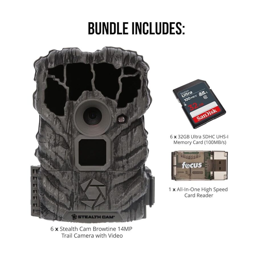 Stealth Cam Browtine 14MP Camera (6-Pack) Bundle with 32GB Ultra SDHC UHS-I Memory Card (6-Pack) and All-in-One High Speed USB 2.0 Card Reader (9 Items)