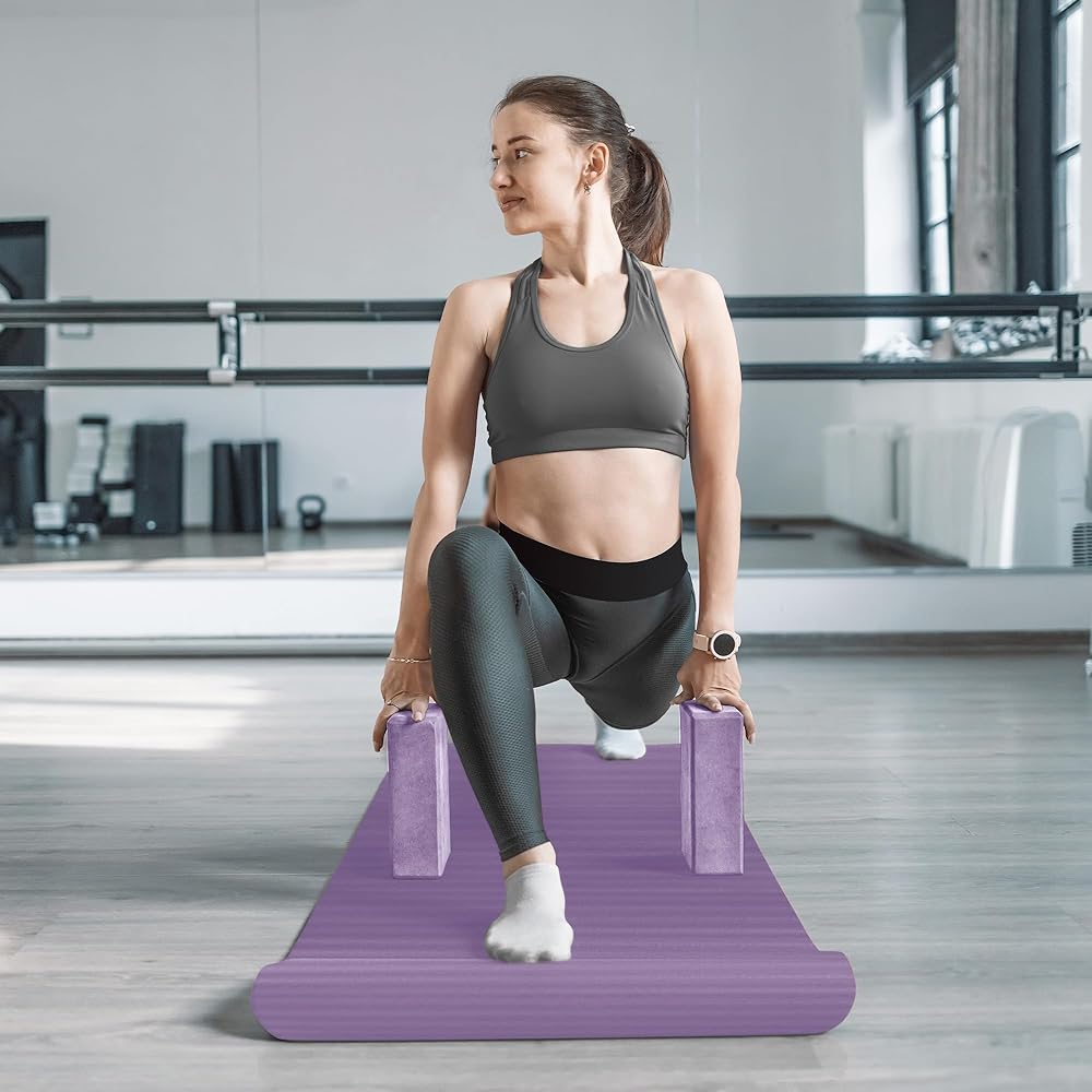 BalanceFrom GoYoga 7-Piece Set - Include Yoga Mat with Carrying Strap, 2 Yoga Blocks, Hand Towel and Knee Pad (Purple, 1/2"-Thick Mat)